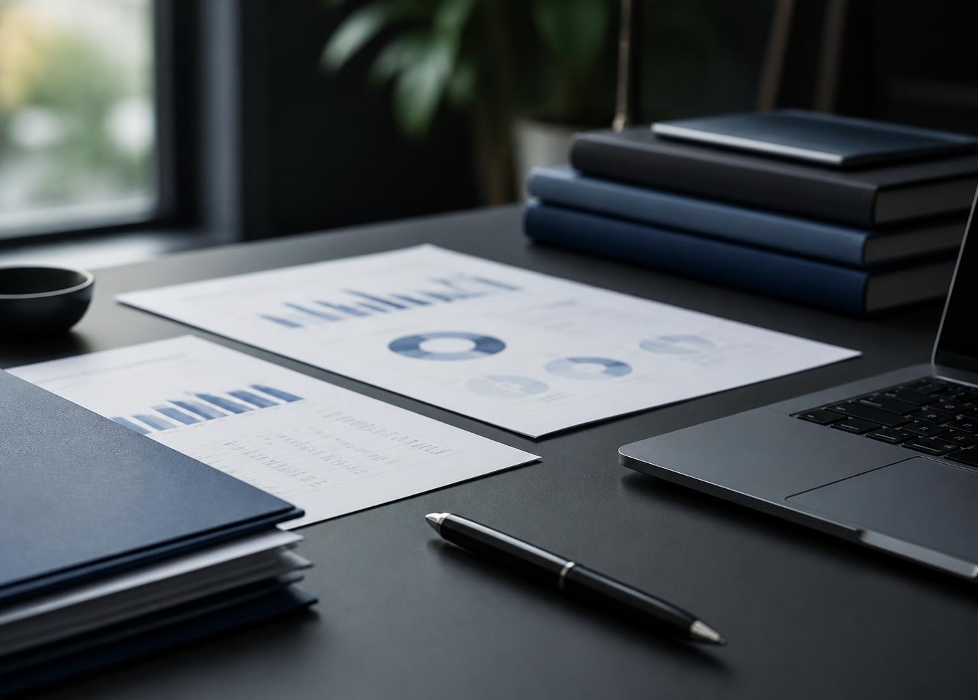 Printed documents, charts and a pen arranged on a desk during analysis work