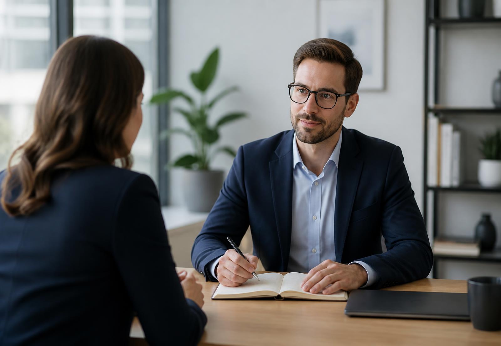 Two professionals seated at a table during a consultation discussion